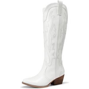 DREAM PAIRS Women's Embroidered Western Pull-On Knee-High Cowboy Boots (8.5, White)