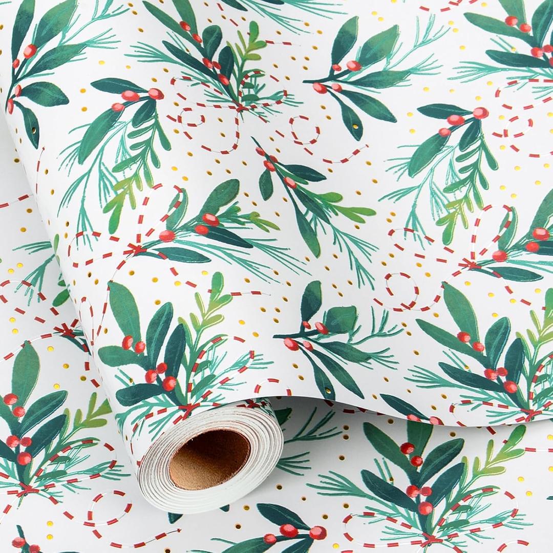 Retrify White Wrapping Paper Roll - Cute Red Berry and Green Leaves Mini Roll Foil Gift Wrap Paper for Christmas Holiday Festive Decoration - 17 Inches x 32.8 Feet
