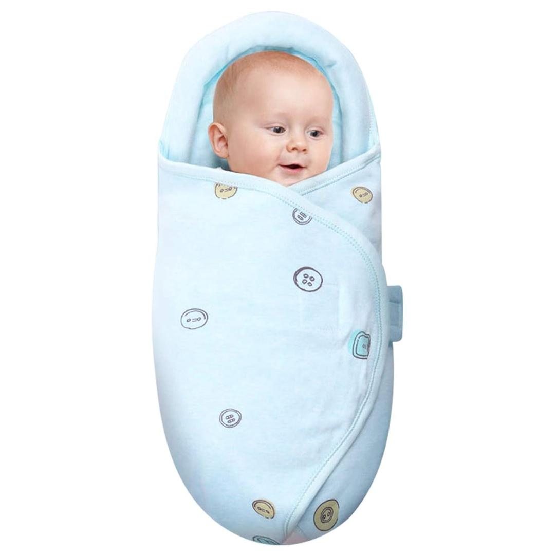 Organic Cotton Soft Baby Swaddle Blankets, Unisex Baby Blanket Wrap for Newborn Baby Boys Girls, Skin Friendly Wearable Swaddling Sleep Sack Calms Startle Reflex (Button, Blue, 0-3 Months)