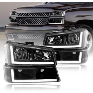 LED DRL Headlights Assembly Compatible with 2003-2006 Chevy Silverado/2003-2006 Avalanche without Factory Cladding Replacements Clear Reflector Black Housing