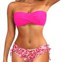 Women's Strapless Bandeau Bikini Set - Twist Front Two Piece Swimsuit Top with Side Tie Bathing Suit Bottom (Pink Floral) S