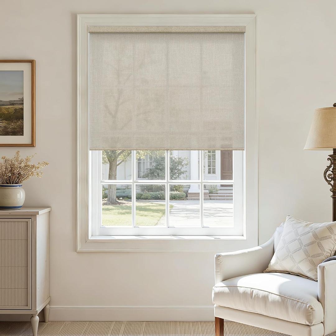 2 x Linen Cordless Roller Shades Light Filtering Window Blinds 47" W x 72" H Linen Fabric Roller Blinds with Valance, Sheer Shades for Home Office Bedroom Door Bathroom, Free-Stop System, Beige Oatmeal