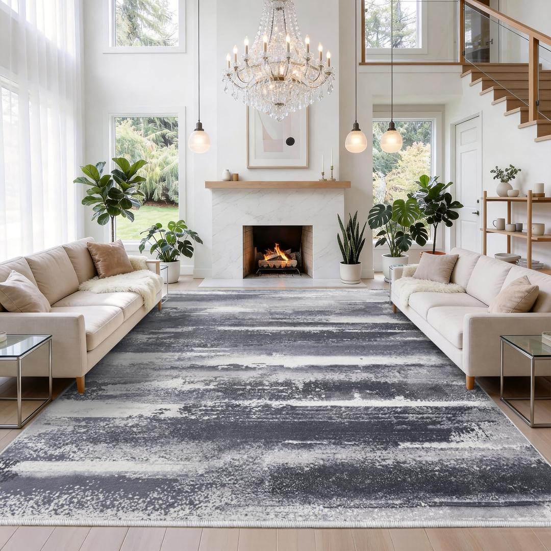 plumlik Area Rug Living Room Rugs 9x12, Large Washable Grey Abstract Carpet