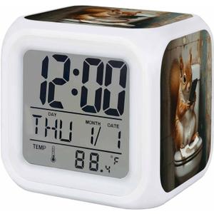 Funny Animal Alarm Clock Squirrel Sitting on Toilet 7 Colors LED Night Light Battery Operated Digital Alarm Clocks with Temperature for Bedroom Office Living Room (White)
