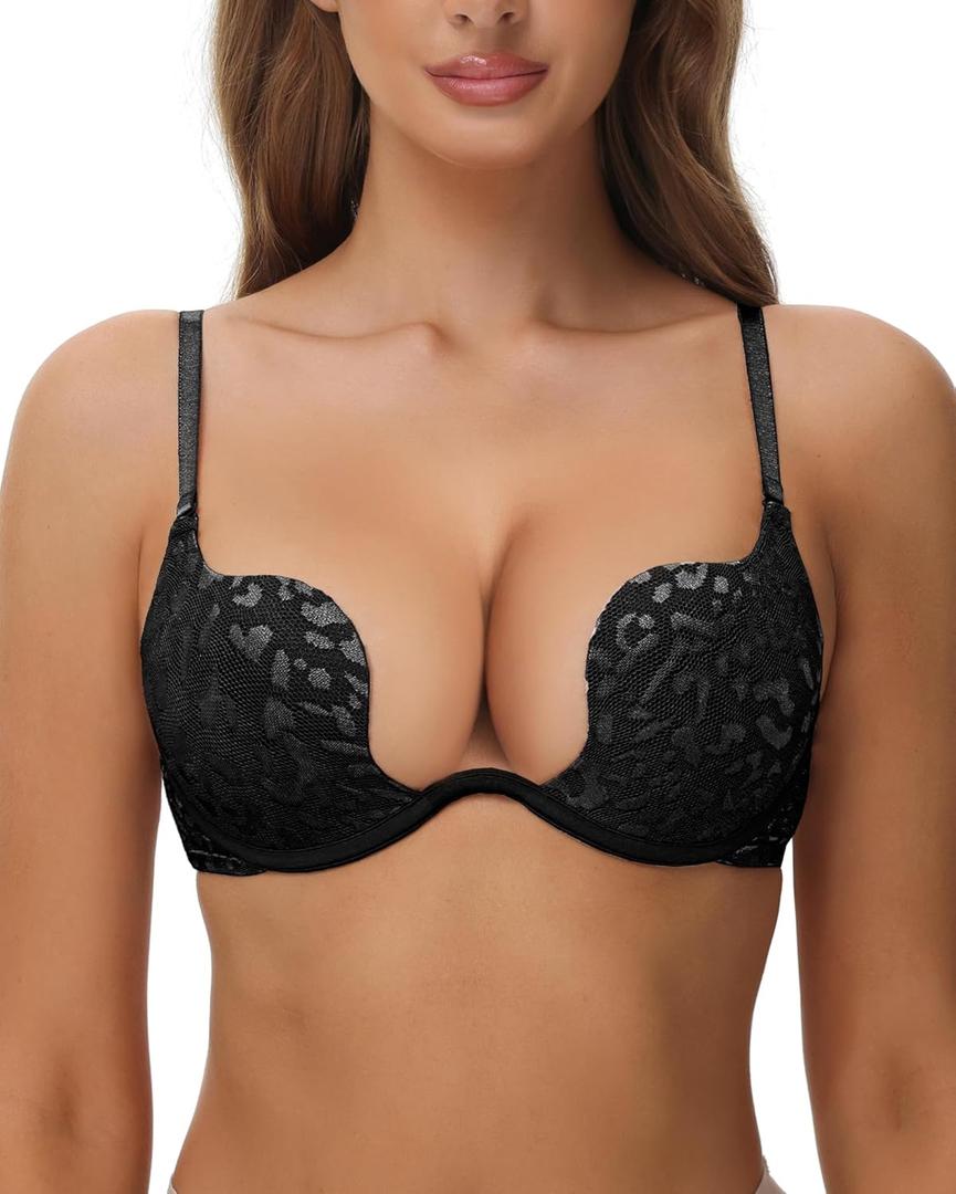 Women's Push Up Bra Deep V Plunge Sexy Cleavage Low Cut Back Underwire Bras Leopard Lace Convertible Multiway (38D, Black)