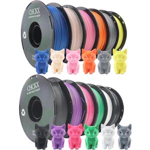 12 Pack PLA 3D Printer Filament, Dimensional Accuracy +/- 0.02 mm, 1kg Spool (2.2lbs), 1.75 mm，Black White Grey Red Green Yellow Purple Skin Blue Pink Orange Silver，12 Colors