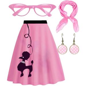 TNNO Poodle Skirts for Women 1950s Outfit Adult Halloween Costumes 2025 Ladies Vintage Party Pink Skirts 4 Pcs Sock Hop Outfits Pink Small
