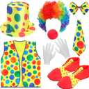 Funtery 8 Pcs Clown Costume for Women Men Circus Clown Accessories Include Wig Nose Shoes Vest Hat Bow Tie and White Gloves Halloween Cosplay Party