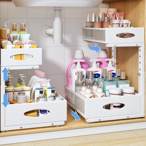 Under Sink Organizer, 2 Pack 2 Tier Pull Out Under Cabinet Organizer Shelf with Pad for Framed Cabinets, Metal Slide Out Under Sink Storage, Mesh Sliding Drawers for Kitchen Bathroom Laundry, White