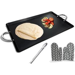 LetFeng 26 Double Burner Griddle Nonstick Double Burner Stainless Steels Stove Top Flat Griddle Coated Cool Touch Handle Oven Safe & Compatible With All Stovetops Black And Silver