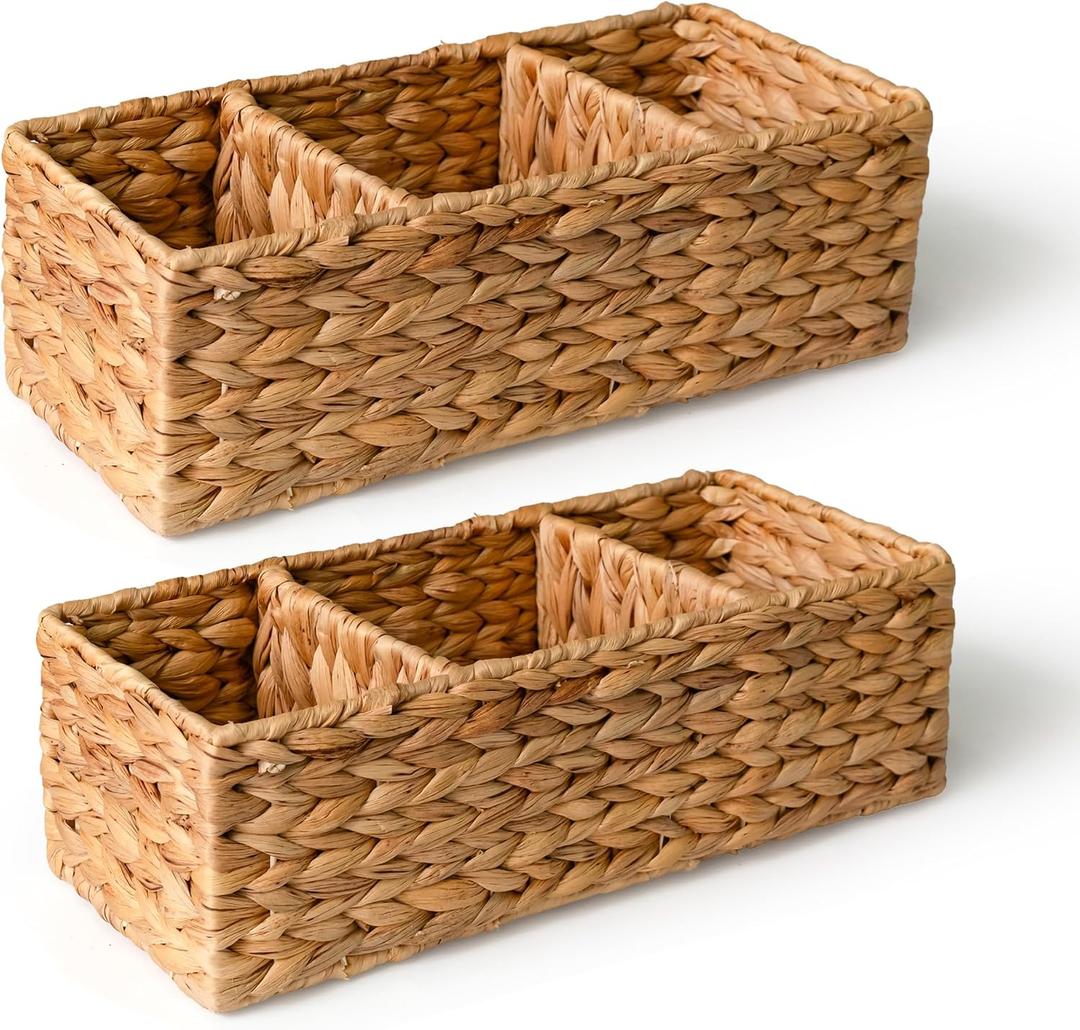 KOKODO Pack of 2 Water Hyacinth Tank Topper Storage Baskets 3 sections Woven Wicker Basket for Toilet Paper Holder, Baskets for Vanity, Bathroom, Pantry Organizing, or Coffee Table Decor