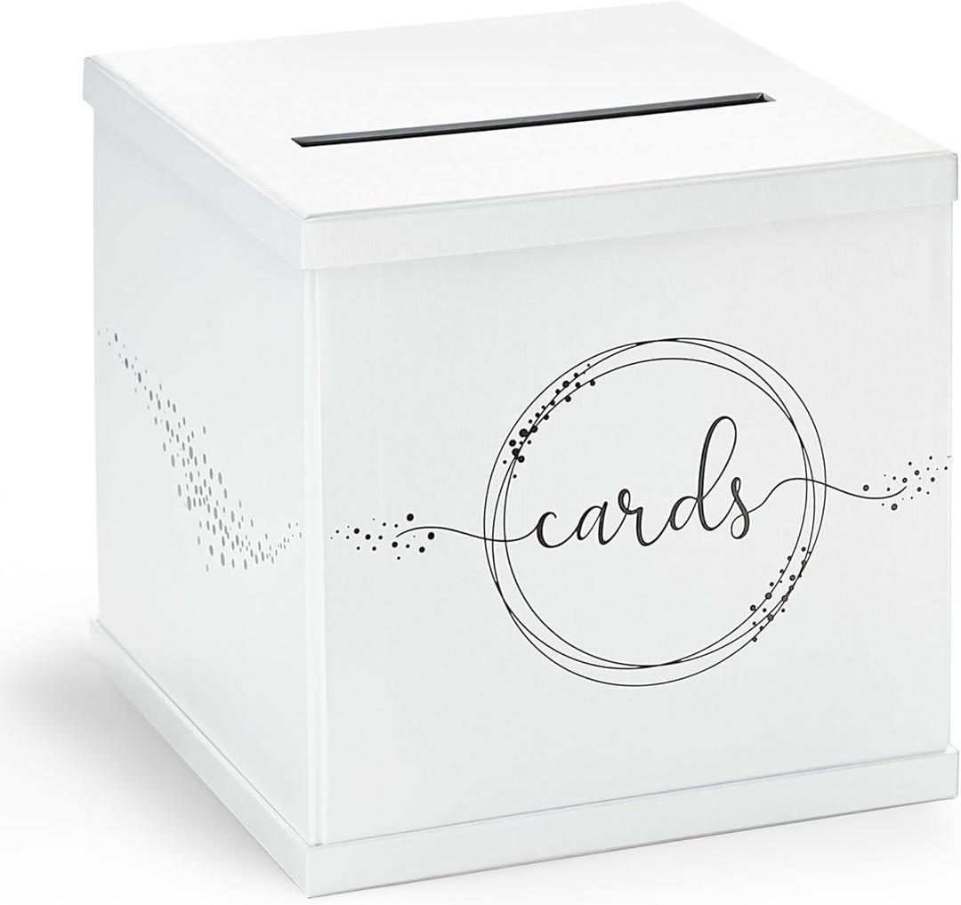 White & Black Wedding Card Box, Large 10 Gift Card Holder, Envelope Box with Slot, Graduation Party, Birthday, Funeral Reception, Baby & Bridal Shower, Sweet 16, Quinceanera, Retirement, Money Basket