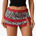Women Y2K Ruffle Mini Skirt Sexy Low Waist Leopard Print Short Skirt 90s Vintage Lace Trim Layered Mesh Micro Skirt, Size S