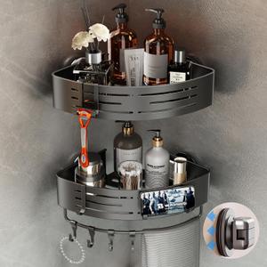 Corner Shower Caddy Suction Cup, 2 Pack Corner Shower Shelves No Drilling, Aluminum Upgrade Suction Cup Shower Organizer with Towel Bar & Hooks Removable Bathroom Storage Rack(Black)