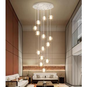 14-Light Modern Chandeliers for Entrance High Ceiling Chandelier Long Lights Fixture LED Ceiling Light Bubble Crystal for Hallway Foyer Stairwell, Silver