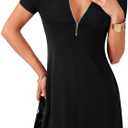 LYANER Women's V Neck Short Sleeve Dresses Zipper Front Ruffle Hem A Line Flare Mini Basic Dress S