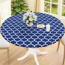 Smiry Round Picnic Tablecloth, Waterproof Elastic Fitted Table Covers for 18" - 24" Tables, Wipeable Flannel Backed Vinyl Tablecloths for Camping, Indoor, Outdoor, Navy & White
