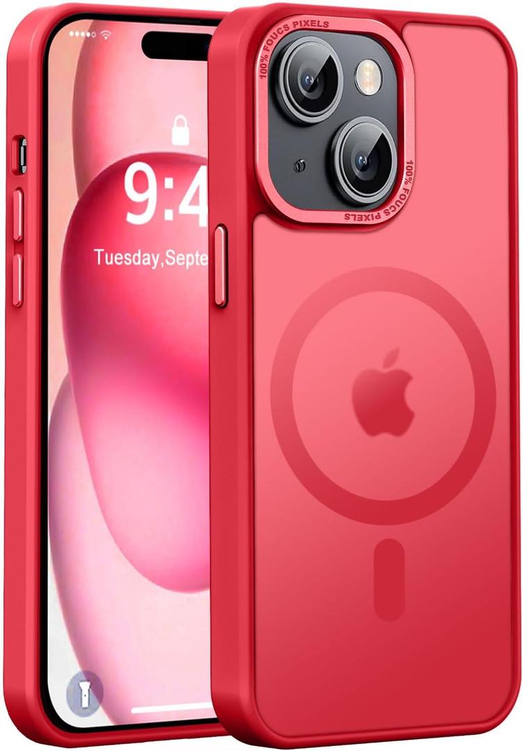 Newfuture Magnetic for iPhone 15 Case [Compatible with Magsafe] [Military Grade Drop Protection] Translucent Matte Anti-Fingerprint Shockproof Phone Case for iPhone 15 6.1 inch, Red