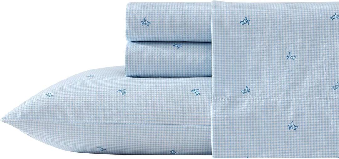 Laura Ashley - King Sheets, Cotton Percale Bedding Set, Lightweight & Breathable Home Decor (Turtle Gingham Blue, King)