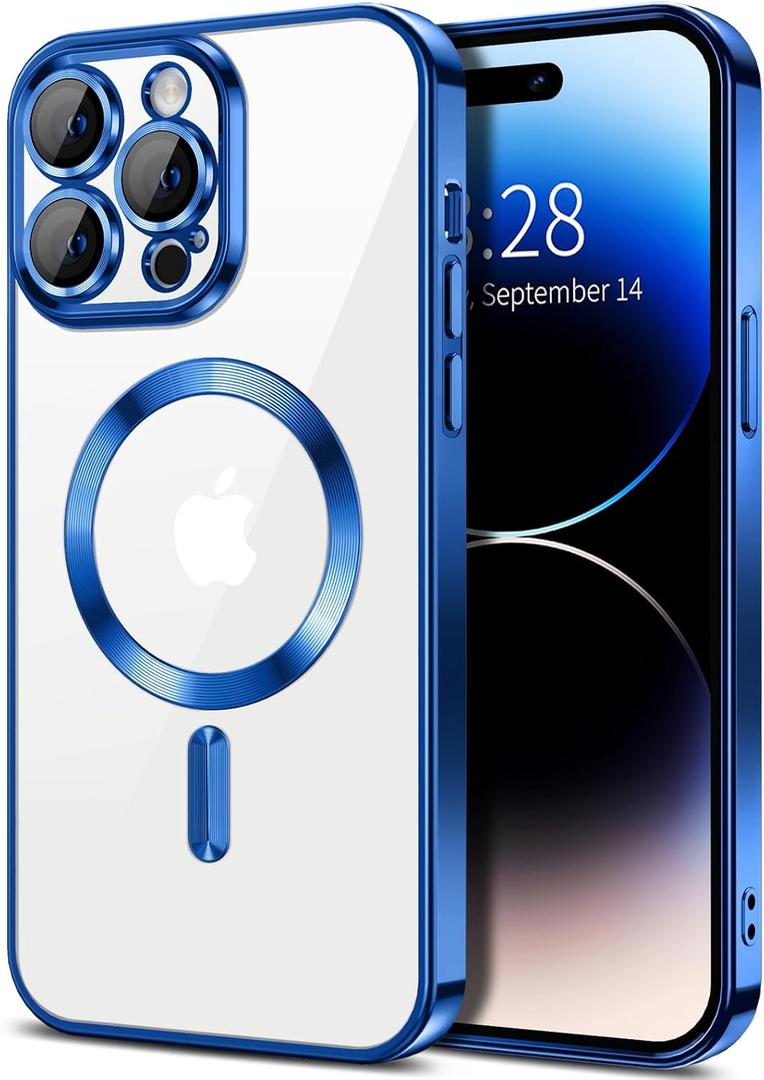 Hython Magnetic Clear for iPhone 14 Pro Max Case with Camera Lens Protector [Compatible with MagSafe] Plating Edge Slim Soft TPU Cover Protective Phone Case for iPhone 14 Pro Max 6.7", Deep Blue