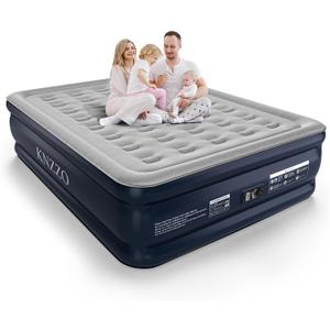KNZZO Queen Air Mattress with Built-in Pump, 18" Top Inflatable Mattress with Waterproof Flocking Fabric, Three-Minute Quick-Inflatable Bed. Portable Blow Up Mattress for Home, Outdoor and Guests