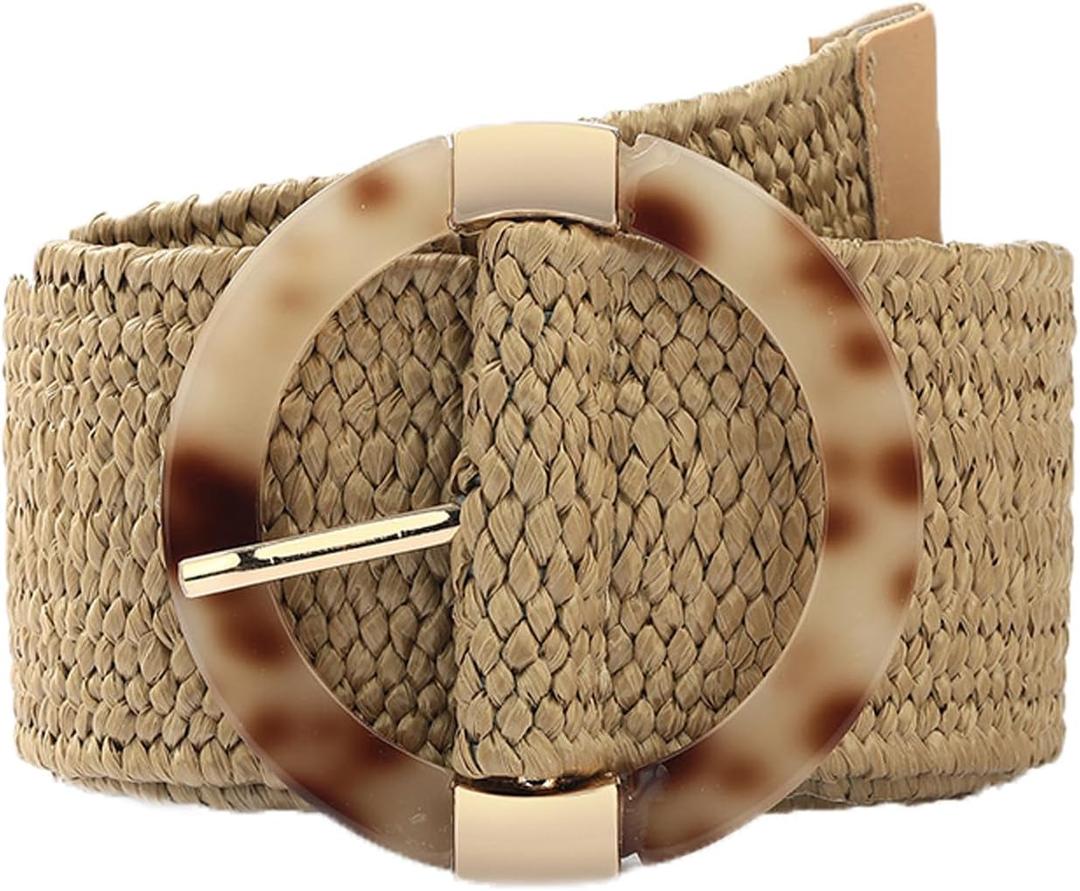 eYLun Women Straw Woven Belt Elastic Braided Stretch Waist Belt Ladies Boho Buckle Dress Buckle Belt (Khaki)