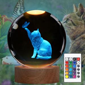 Cat Night Light, Cat Themed Gifts for Girls, K9 3.15 Inch(80mm) Crystal Ball Night Light with 16 Colors Remote Upgraded Lamp for Birthday Xmas Cool Figurines Sympathy Gifts for Room Decor Girls