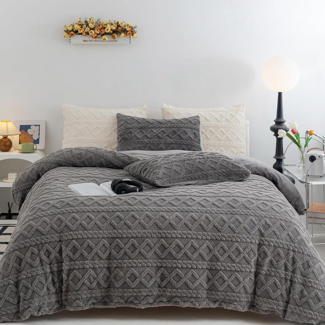 Fluffy Duvet Cover King Size Warm Cozy Faux Fur Comforter Cover for Winter, 3PCS Plush Shaggy Duvet Cover with 1 Sherpa Velvet Duvet Cover + 2 Fur Pillowcases, Comforter Not Included (Gray)