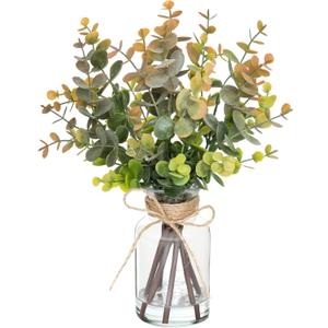 Artificial Eucalyptus Stems in Vase with Faux Water,Fake Plants for Bathroom,Coffee Table,Green Leaves for Centerpiece,Faux Greenery Plants Decorations.(Eucalyptus-Greyish Orange)
