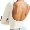 SUUKSESS Women Backless Y2k Long Sleeve Bodysuit Double Lined Open Back Sexy Basic Top (White, S)