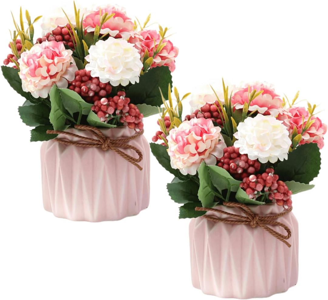 2 PCS Mini Hygrangea Artificial Flowers in Vase, Small Centerpiece Table Decorations - Fake Plant in Vase, Faux Hydrangea Flower Decor for Home, Wedding, Office and Party