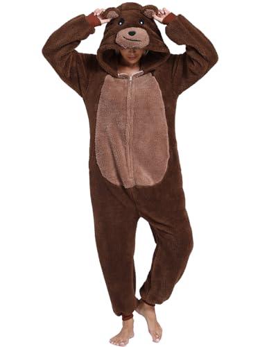 DKRUW Adult Onesie Pajamas Animal One Piece Brown Bear Costume Halloween Cosplay for Women Men (Brown Bear, X-Large)