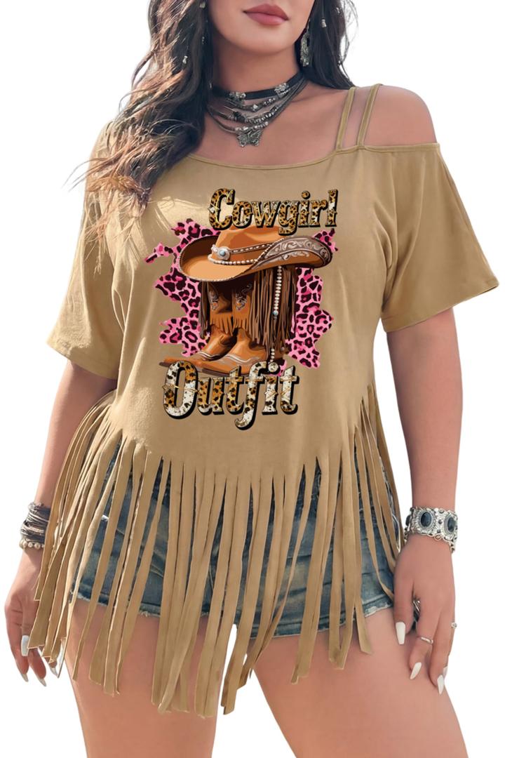 KWSTAIN Tassel Shirts for Women Summer Cold Shoulder Fringe Trim Short Sleeve Graphic Western Cowgirl Outfits Top Tee Blouses (Khaki,S) (Beige, S)