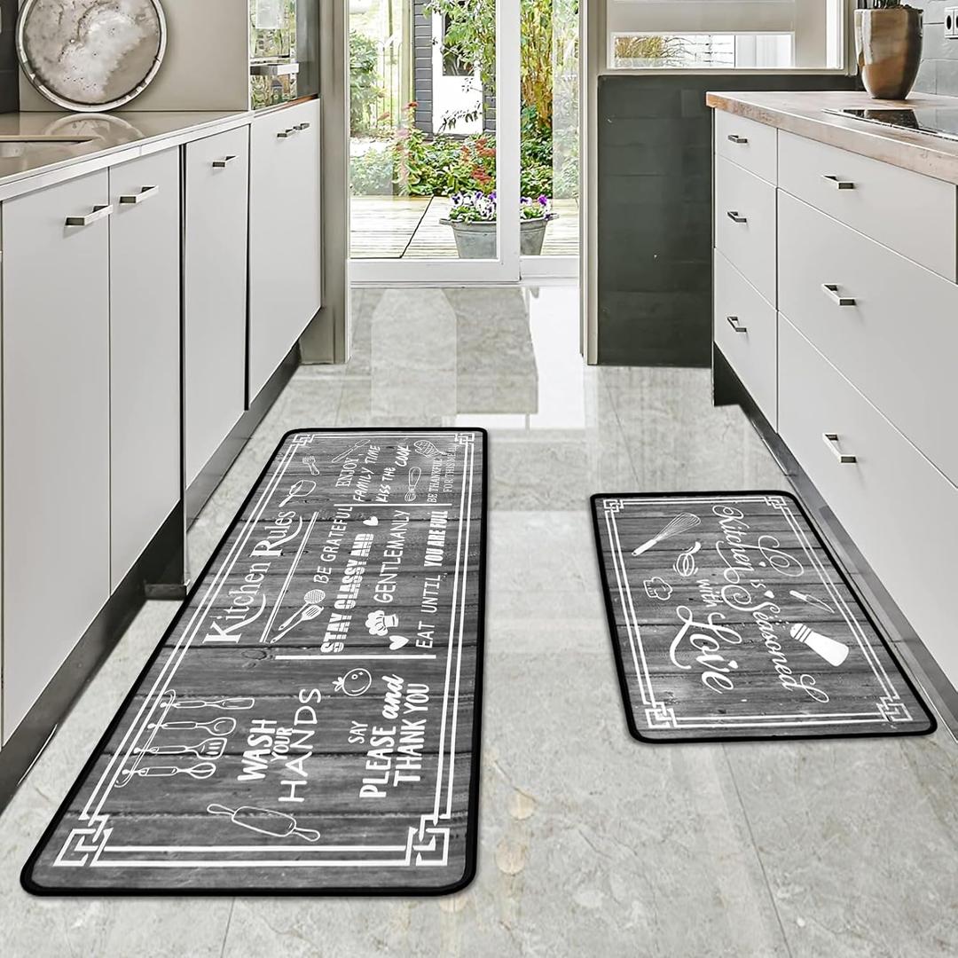 Kitchen Rug Sets of 2 Piece Non Slip Kitchen Rugs and Mats Washable Kitchen Mats for Floor Kitchen Carpet Runner Rugs Decor for Laundry Bathroom Living Room,Grey Kitchen Rules 20"x 59"+20"x 32"