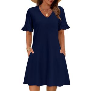 Zeagoo Summer Casual Dresses for Women A Line Sun Dress Ruffle Short Sleeve V Neck Floral Tshirt Dress with Pockets XXL