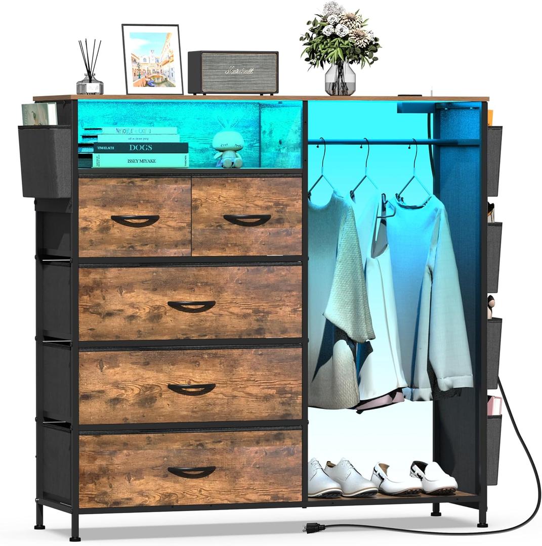 Espelism Dresser for Bedroom with Clothes Rack Side Pockets 5 Drawer Dresser with Charging Station LED Lights Black Storage Chest of Drawers for Hallway Closet Sturdy Steel Frame Wood Top (Brown), 43.3"D x 13.8"W x 43.3"H