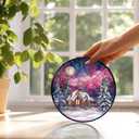 Winter Scene Christmas Suncatchers Stained Glass Window Hanging, Farmhouse Winter Landscape Sun Catchers Indoor Window Glass Round Wall Decor, Christmas Wall Hanging Decorations, 7.9x7.9in