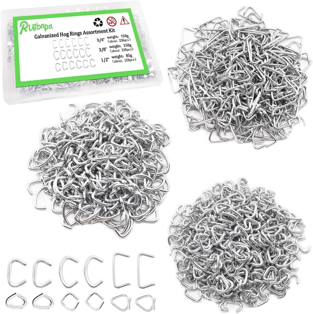 Hog Rings Assortment Kit Professional Upholstery 1/2" 3/4" 3/8"Galvanized Hog Rings Installation Assortment Kit for Animal Pet Cages,Ropes,Meat Bags& Sausage Casings,Furniture Upholstery