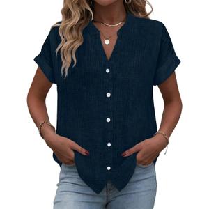 Button Down Shirts for Women Short Sleeve Cotton V Neck Tops Dressy Casual Loose Fit Office Work Blouses (Blue)