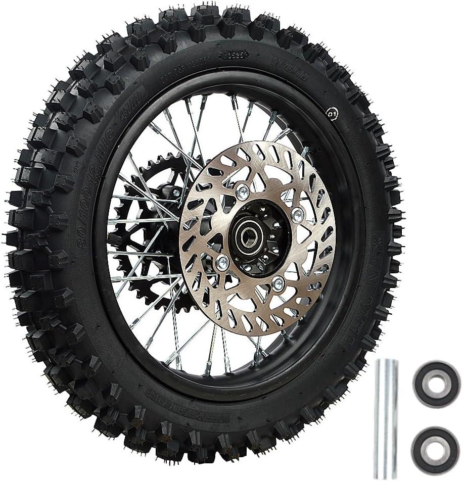 Rim tube tire 80/100-12 3.00-12 12-15MM axle 12"Complete rear wheel For small Dirt Pit Bike Trail Wheel Rim Tire Fits 125-160cc Pit Dirt Bike TTR SSR BBR Includes Brake Rotor and Sprocket