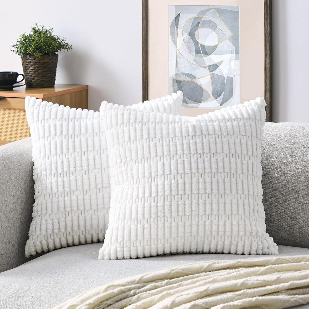 Volcanics Pack of 2 Pure White Decorative Throw Pillow Covers 18x18 Inch, Soft Corduroy Striped Square Cushion Cases, Modern Farmhouse Boho Home Decor for Couch Bed Sofa Living Room