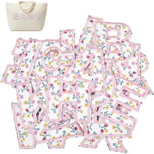 26pcs Iron on Letters for Clothing, A-Z Flower Embroidery Alphabet Applique, Cute Fabric Letters Patches for Shirts Jackets Hats Jeans Shoes Bags, Pink