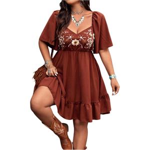 Verdusa Women's Plus Size Western Boho Floral Dress Cowgirl Country Concert Vacation Outfits Flowy Summer Dresses (Brown, XL)