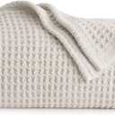 Bedsure 100% Cotton Large Throw Blanket for Couch 50x70 inches - Breathable and Soft, Waffle Weave Throw Blanket for Office, Khaki (a Little Bit Yellow)