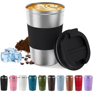 SPLMIFA Vacuum-Insulated Stainless Steel Travel Coffee Mug, Leak-Proof Reusable Coffee Cup with Lid-Keep Hot & Cold Drinks for Hours, Durable Insulated Tumbler for Men & Women(3rd-Silver black, 12OZ)