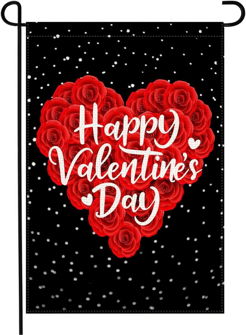 8 x Doncida Happy Valentines Day Garden Flag 12x18 Inch Double Sided Burlap Romantic Rose Heart Anniversary Small Yard Flag for Outside Decoration