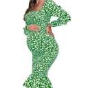 Maternity Fall Floral Midi Bodycon Dresses, Long Puff Sleeve Square Neck Ruffle Hem Mermaid Baby Shower Dress Bright Green S (Green, S)