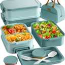 Adults Bento Lunch Box Set with Thermo Bag, 74oz Stackable Leak-proof 3-tiers Bento Box, Built-in Utensil and Sauce Container for Work, School, Dining Out (Green)
