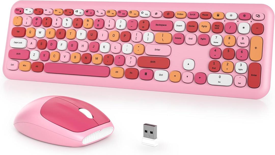 Typewriter Wireless Keyboard and Mouse Combo,2.4G Office 104 Keys Full-Size Retro Punk Keyboard,Cute Pink Silent with Round Keycaps for Laptop PC Desktops (Pink Mix)