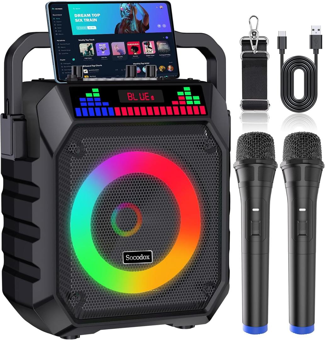 Karaoke Machine for Adults & Kids, Portable Bluetooth Speaker with 2 Wireless Microphones and RGB Lights, Home Karaoke PA System Supports Bluetooth/USB/TF/AUX for Family Party & Outdoor Fun